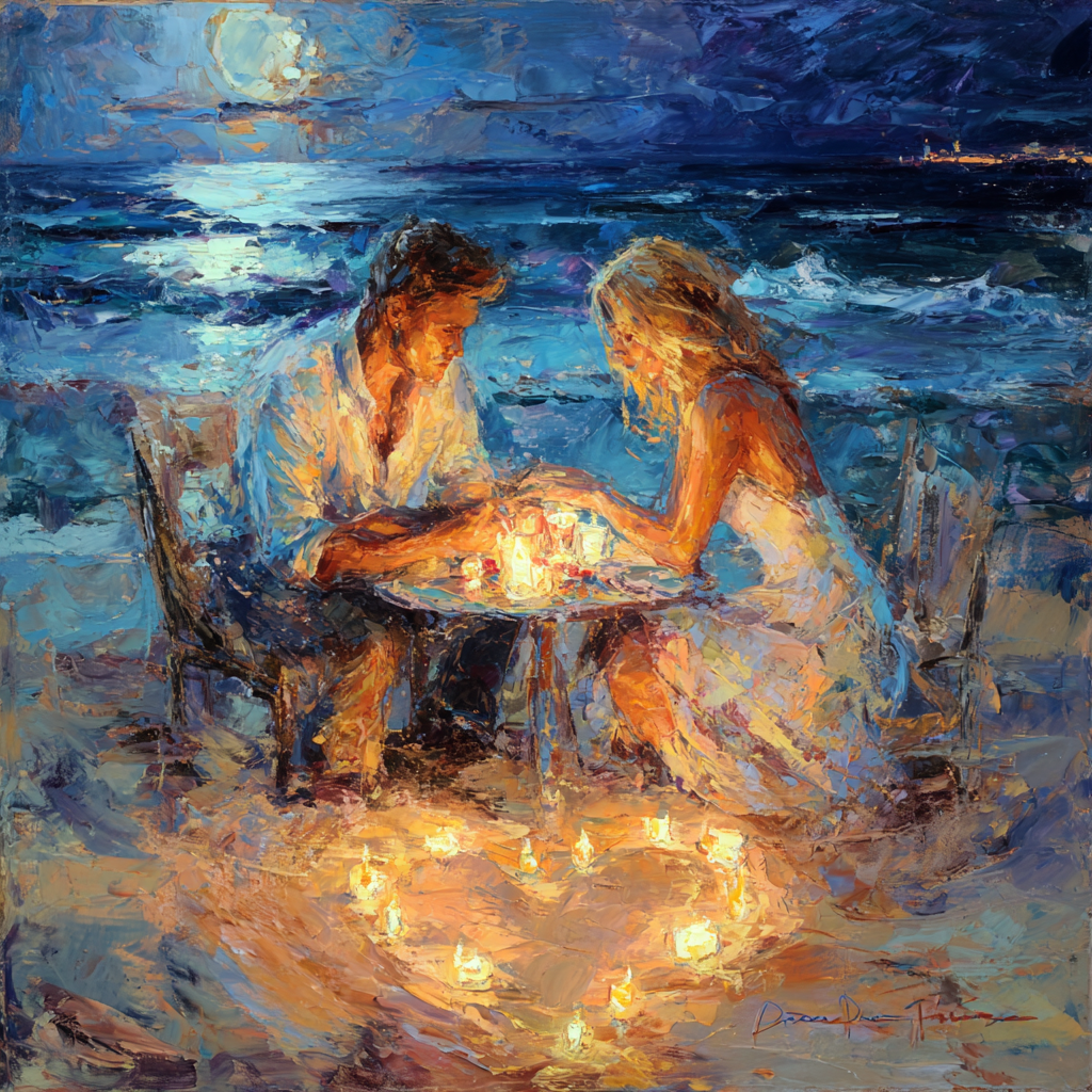 Moonlit Beach Romance I — Romantic Oil Painting Print